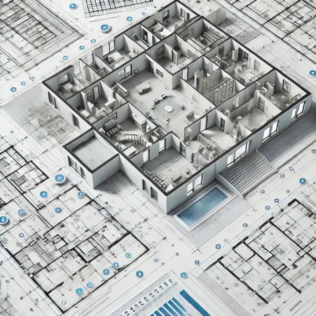 dall·e 2025 01 23 16.30.25 a detailed architectural execution plan of a modern building, showcasing technical drawings including floor plans, structural elements, and annotation